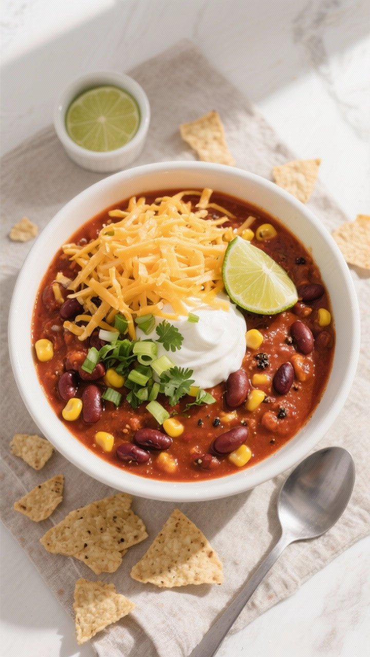 Tasty top view – Overhead shot of a thick, spoon-standing bowl of finished chili in a wide white c
