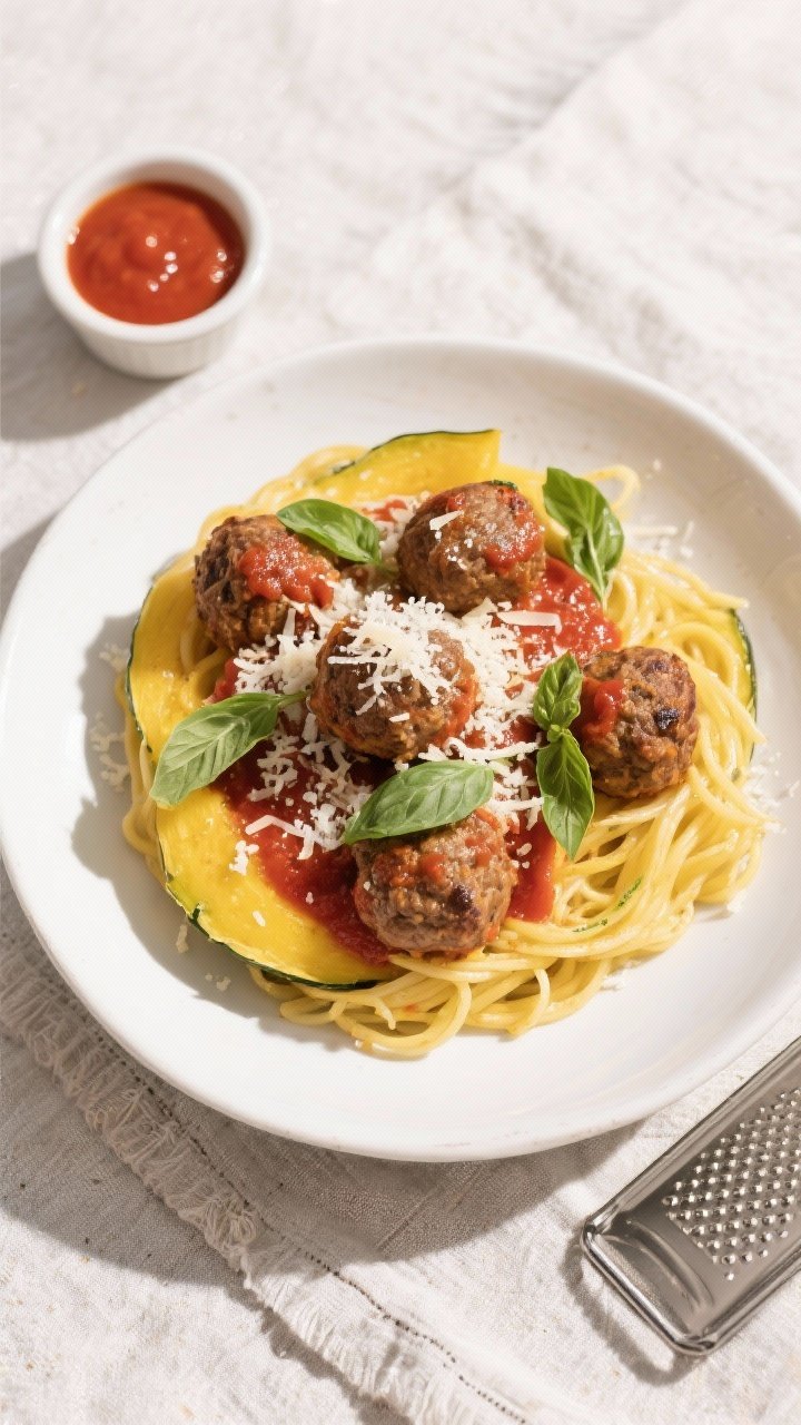 Tasty top view: Overhead shot of a wide shallow bowl filled with spaghetti squash strands topped wit