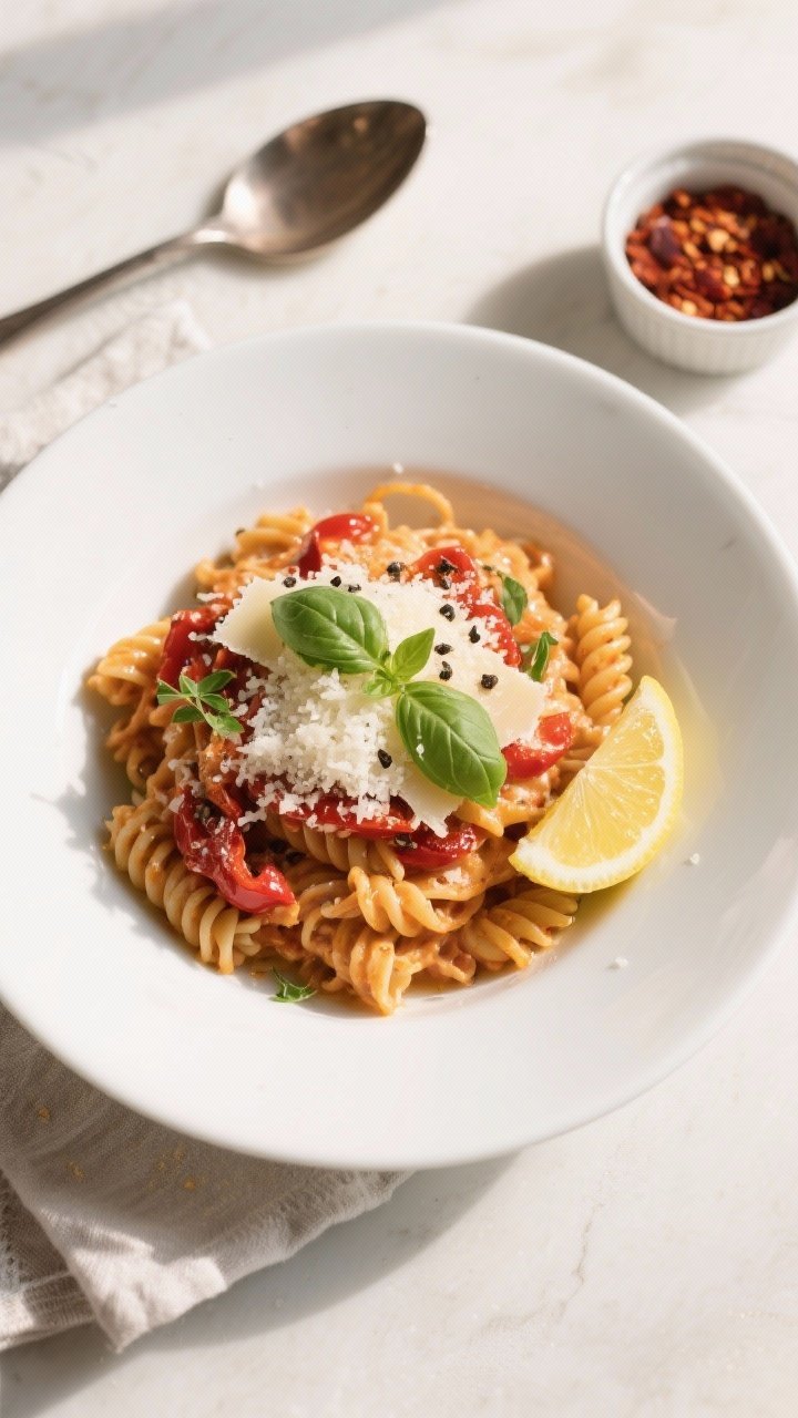 Tasty top view: Overhead shot of a wide, shallow white bowl filled with the final plated Creamy Roas