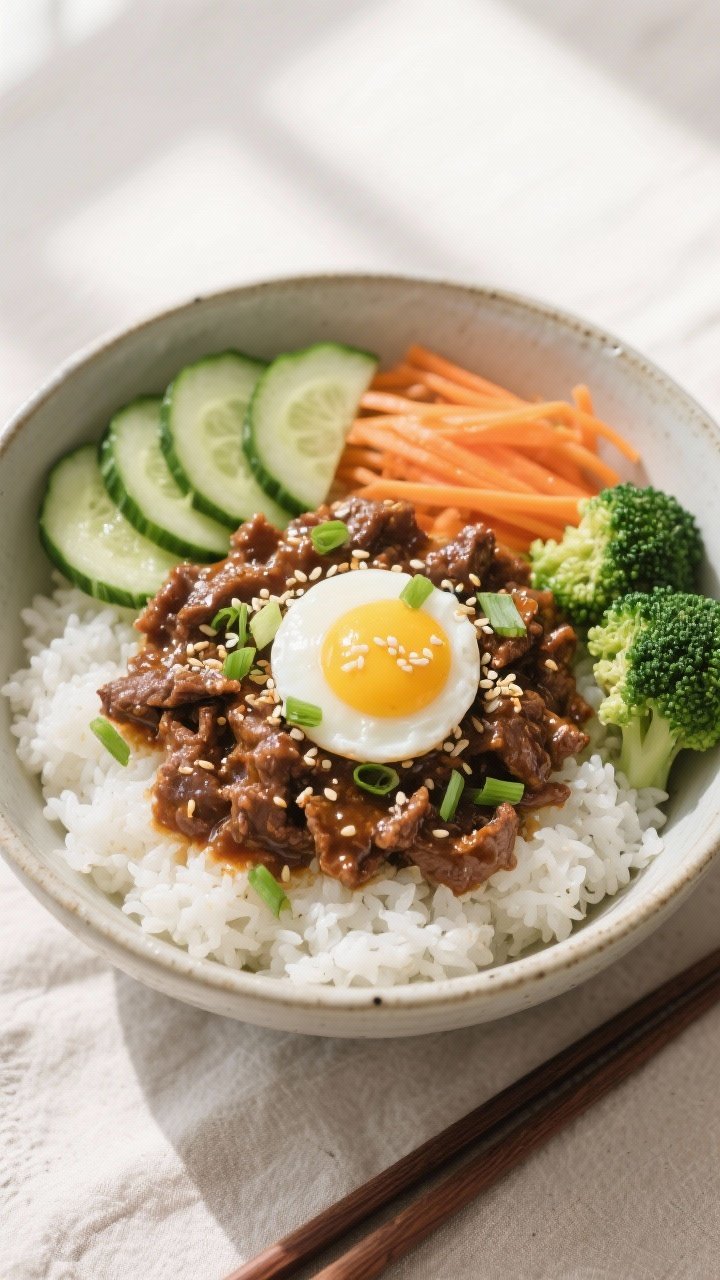 Tasty top view: Overhead shot of assembled Korean Ground Beef Bowl—pillowy white jasmine rice base