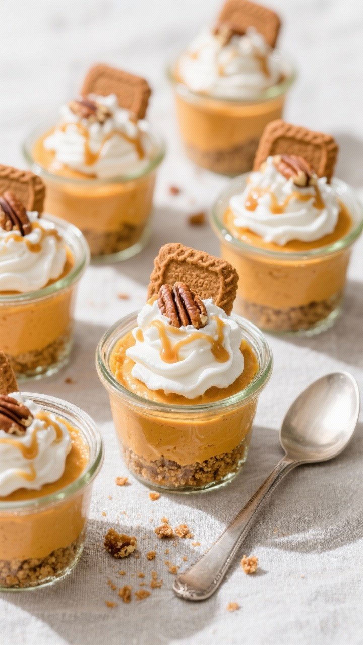 Tasty top view: Overhead shot of assembled No-Bake Pumpkin Pie Cups in 4–6 oz clear jars, showing 