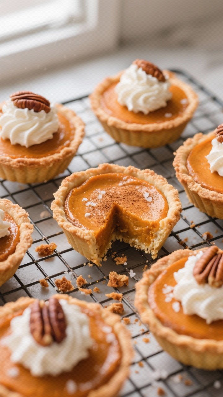 Tasty top view: Overhead shot of cooled mini pumpkin pies arranged on a wire rack, each with a neat 