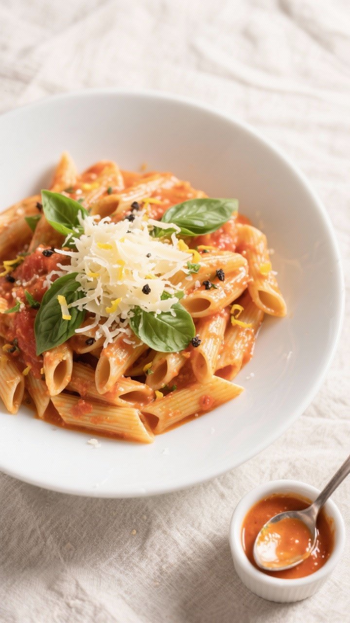 Tasty top view: Overhead shot of creamy tomato basil pasta plated in a wide, shallow white bowl, sau