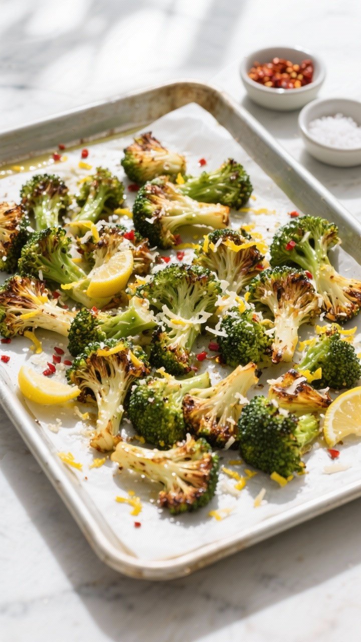 Tasty top view: Overhead shot of finished Air Fryer Broccoli on a parchment-lined sheet pan, scatter