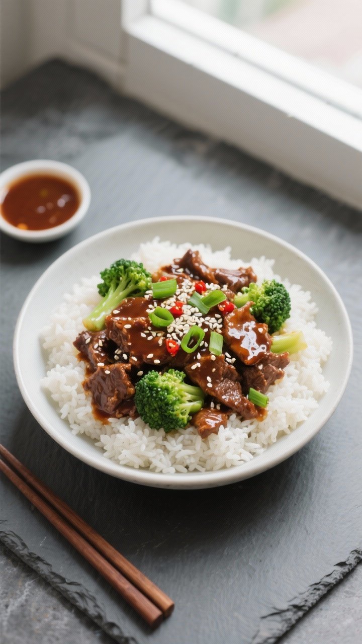 Tasty top view: Overhead shot of finished Chinese Beef and Broccoli served over fluffy steamed white