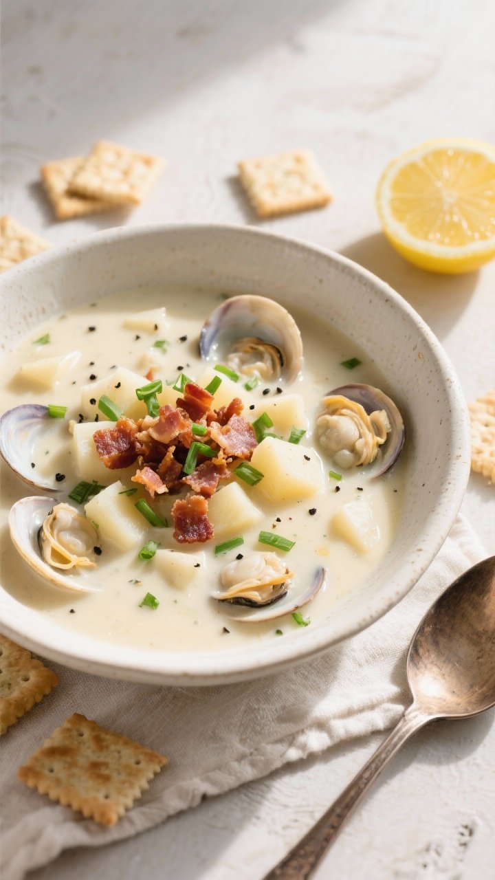 Tasty top view: Overhead shot of finished creamy clam chowder in a wide, off-white ceramic bowl, gar
