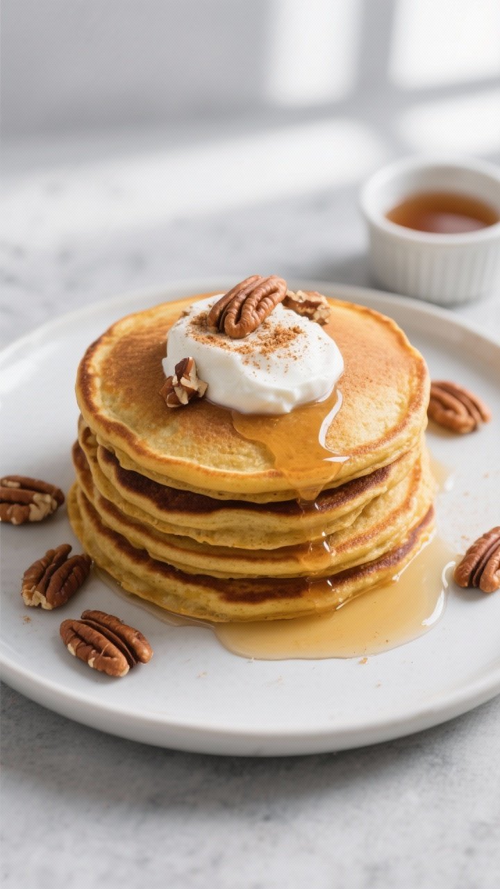 Tasty top view: Overhead shot of finished pumpkin protein pancakes arranged in a neat stack on a mat