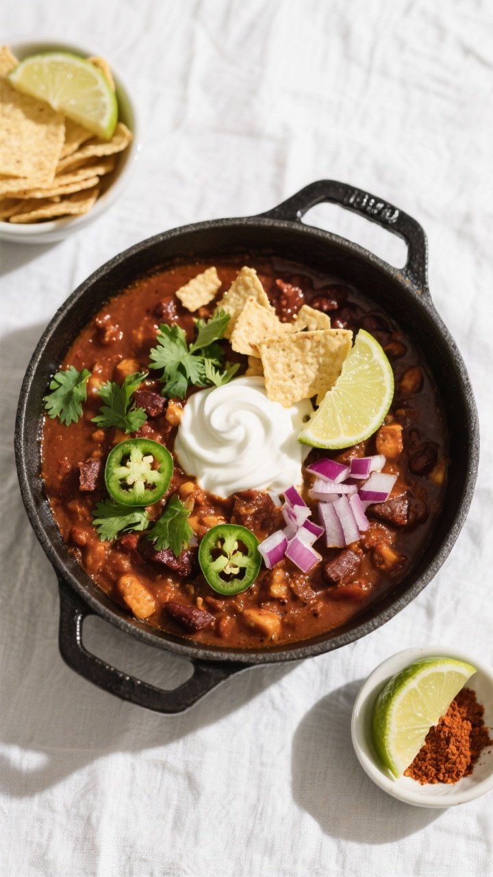 Tasty top view: Overhead shot of finished vegetarian chili in a matte black Dutch oven, ultra-thick 