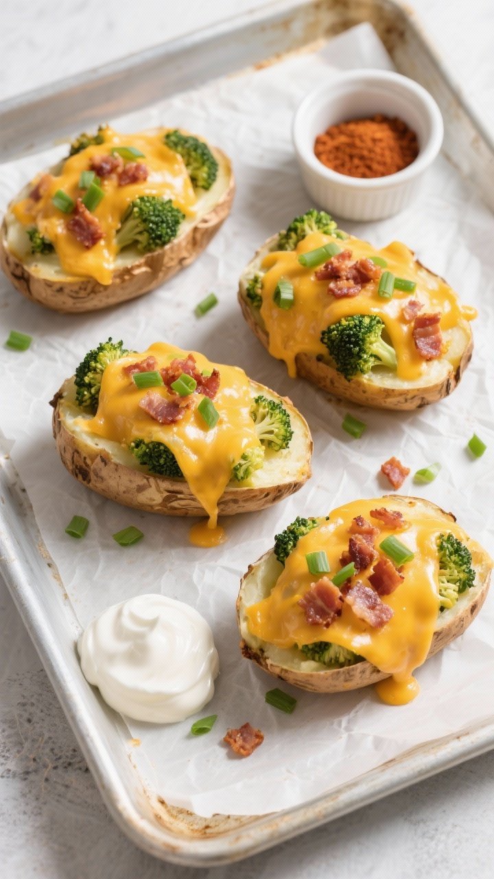 Tasty top view: Overhead shot of four stuffed baked potatoes on a parchment-lined baking tray, chees
