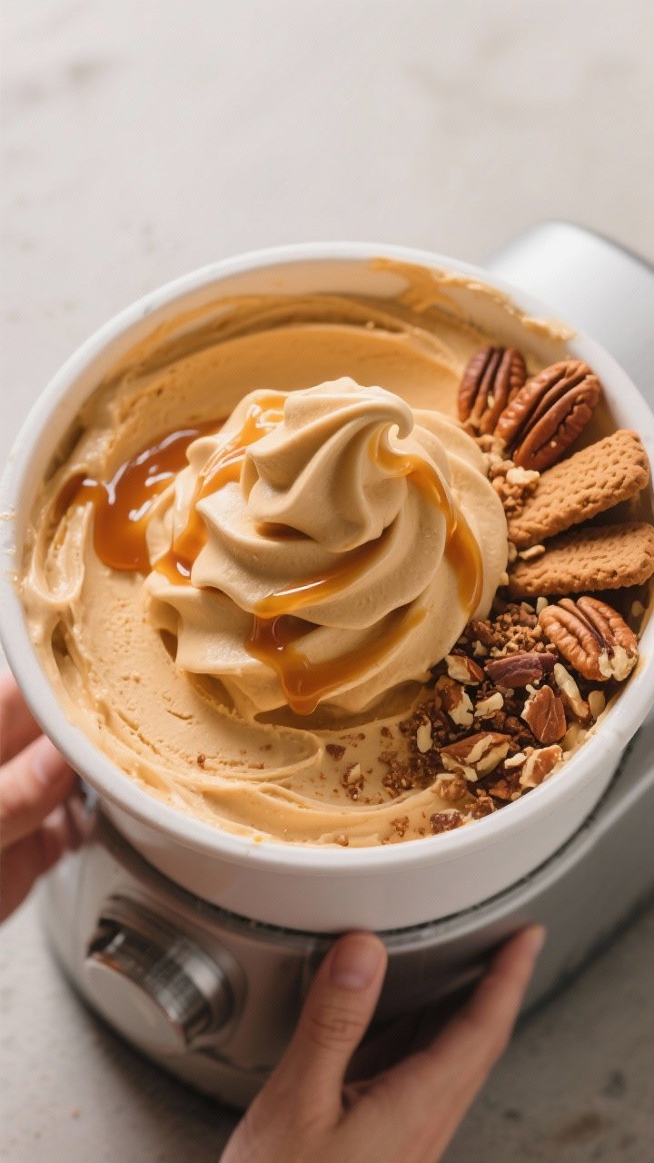 Tasty top view: Overhead shot of freshly churned pumpkin ice cream in the ice cream maker at soft-se