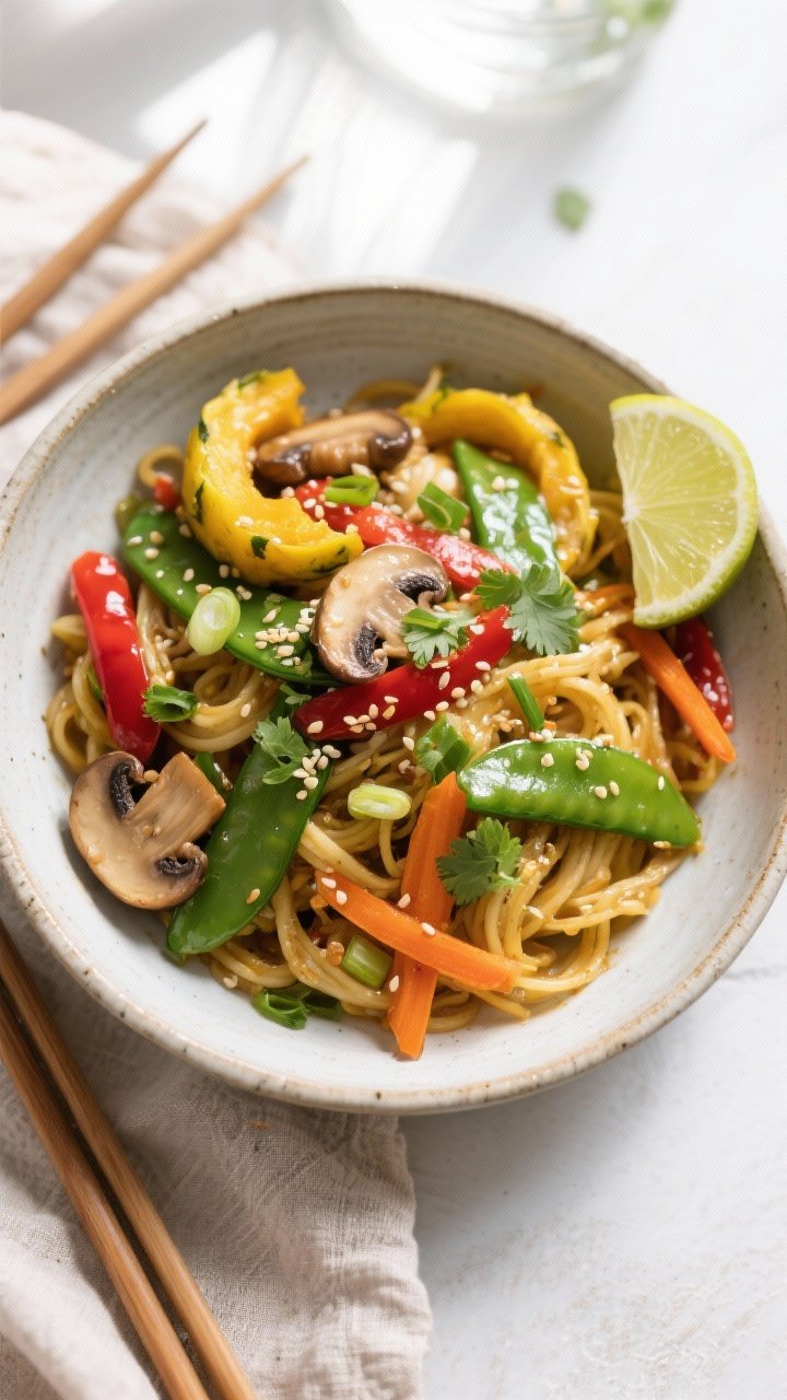 Tasty top view: Overhead shot of Garlic Ginger Spaghetti Squash Stir Fry served in a wide, shallow c