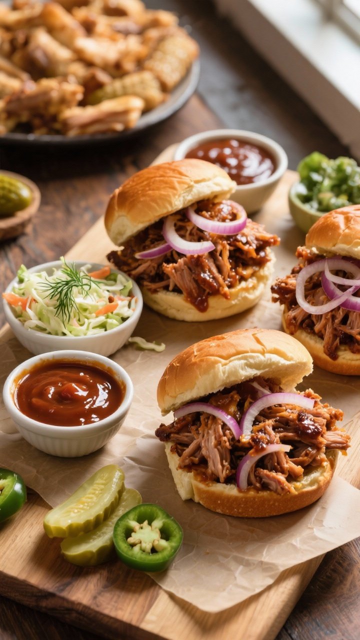 Tasty top view: Overhead shot of loaded pulled pork sandwiches on toasted brioche buns, piled high w