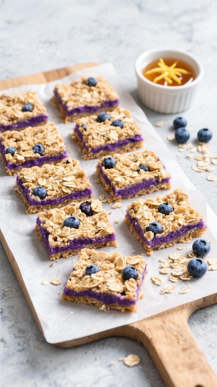 Tasty top view: Overhead shot of neatly sliced blueberry oatmeal bars (9–12 squares) arranged on a