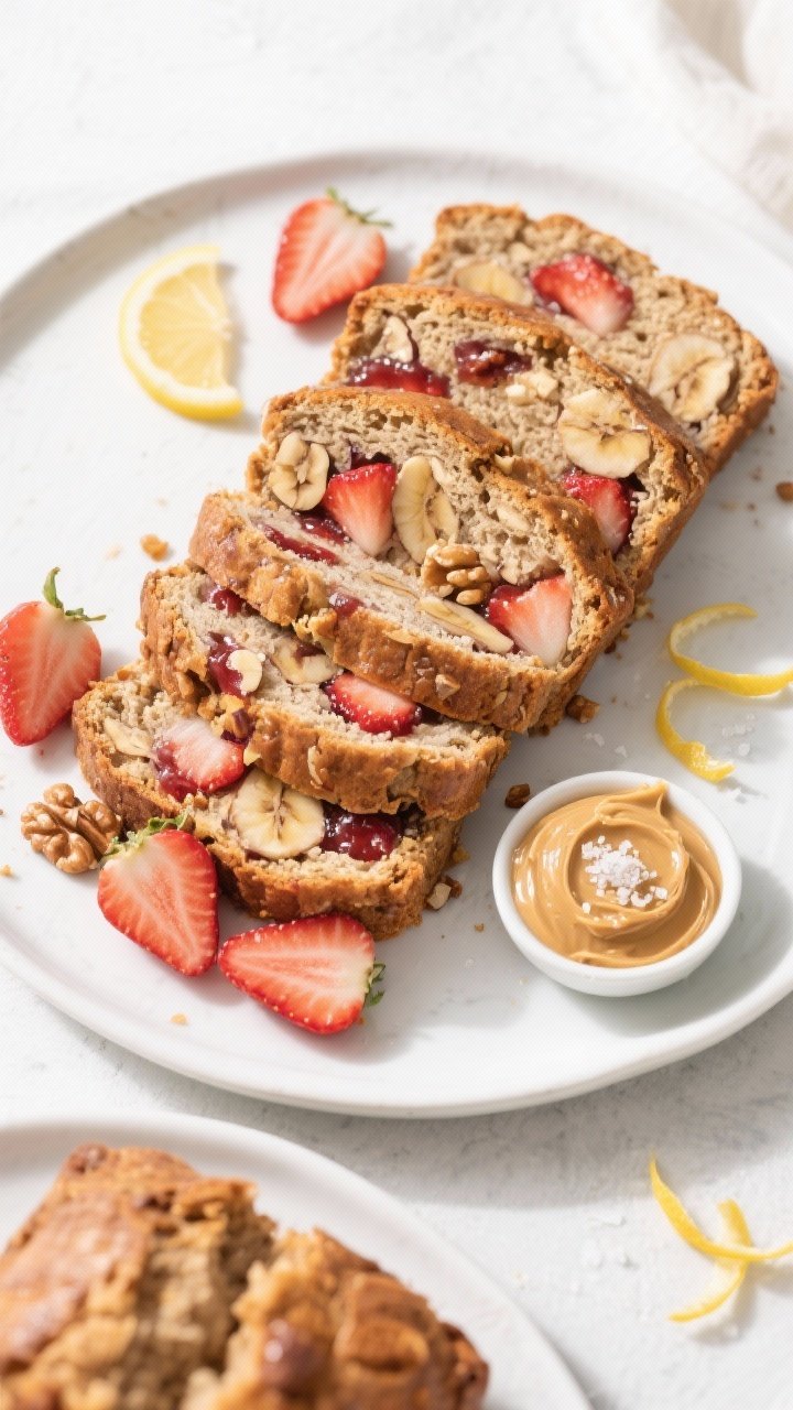 Tasty top view: Overhead shot of neatly sliced strawberry banana bread arranged slightly fanned on a