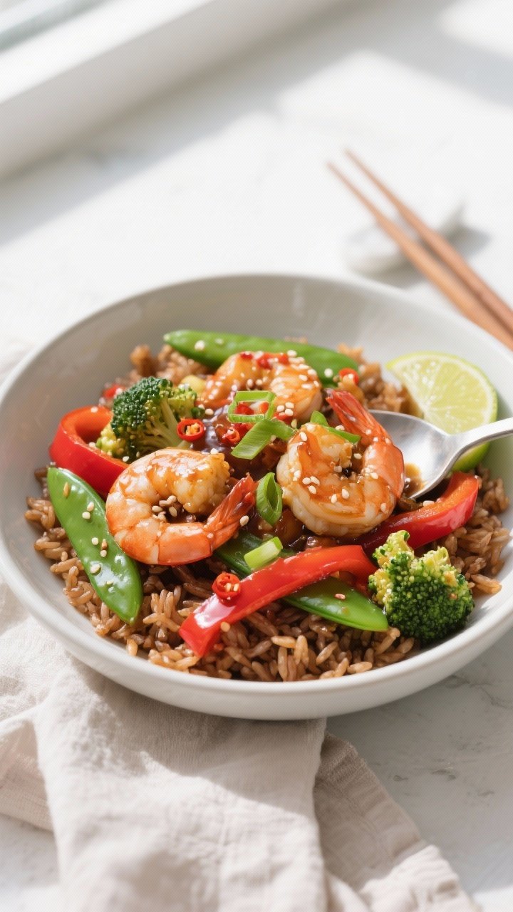 Tasty top view: Overhead shot of shrimp stir-fry spooned over a bed of warm brown rice in a wide, ma