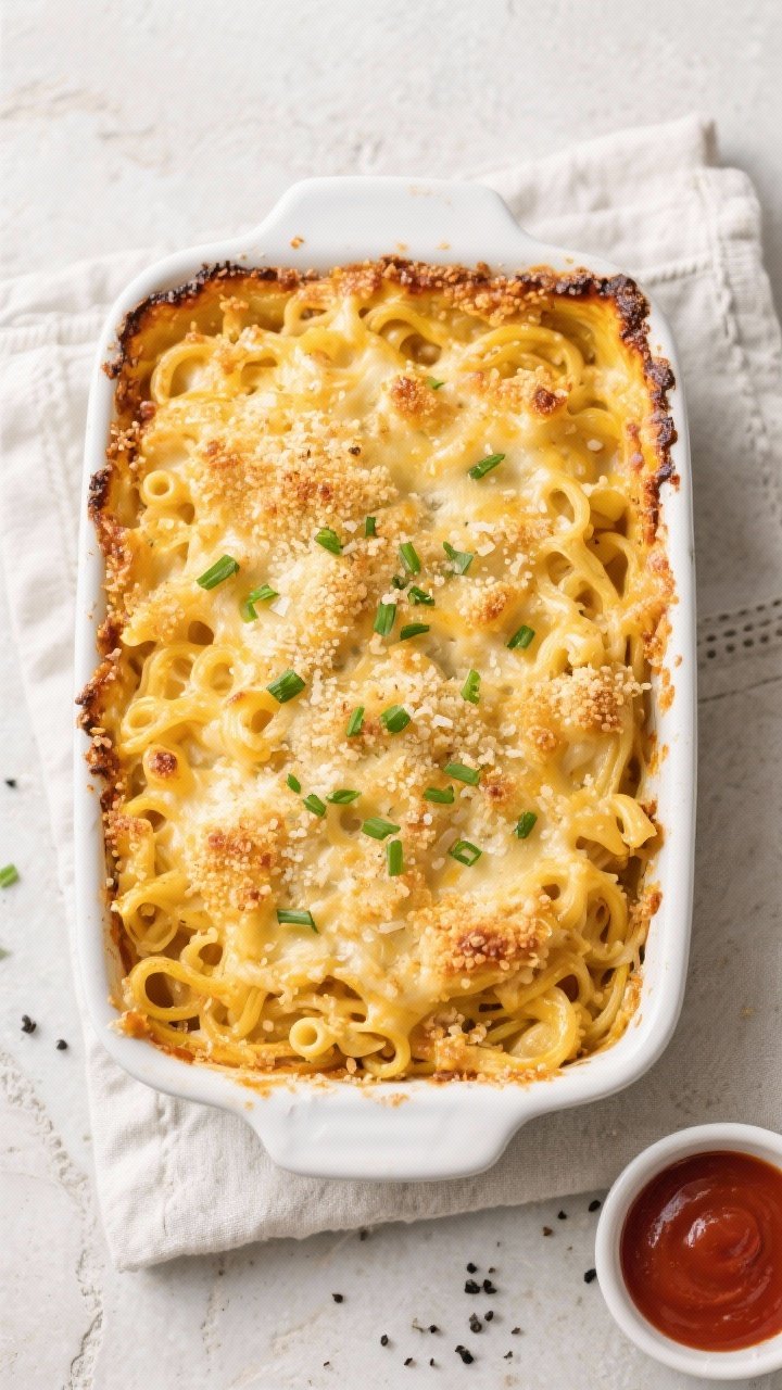 Tasty top view: Overhead shot of Spaghetti Squash Mac and Cheese after baking—golden, bubbling sur