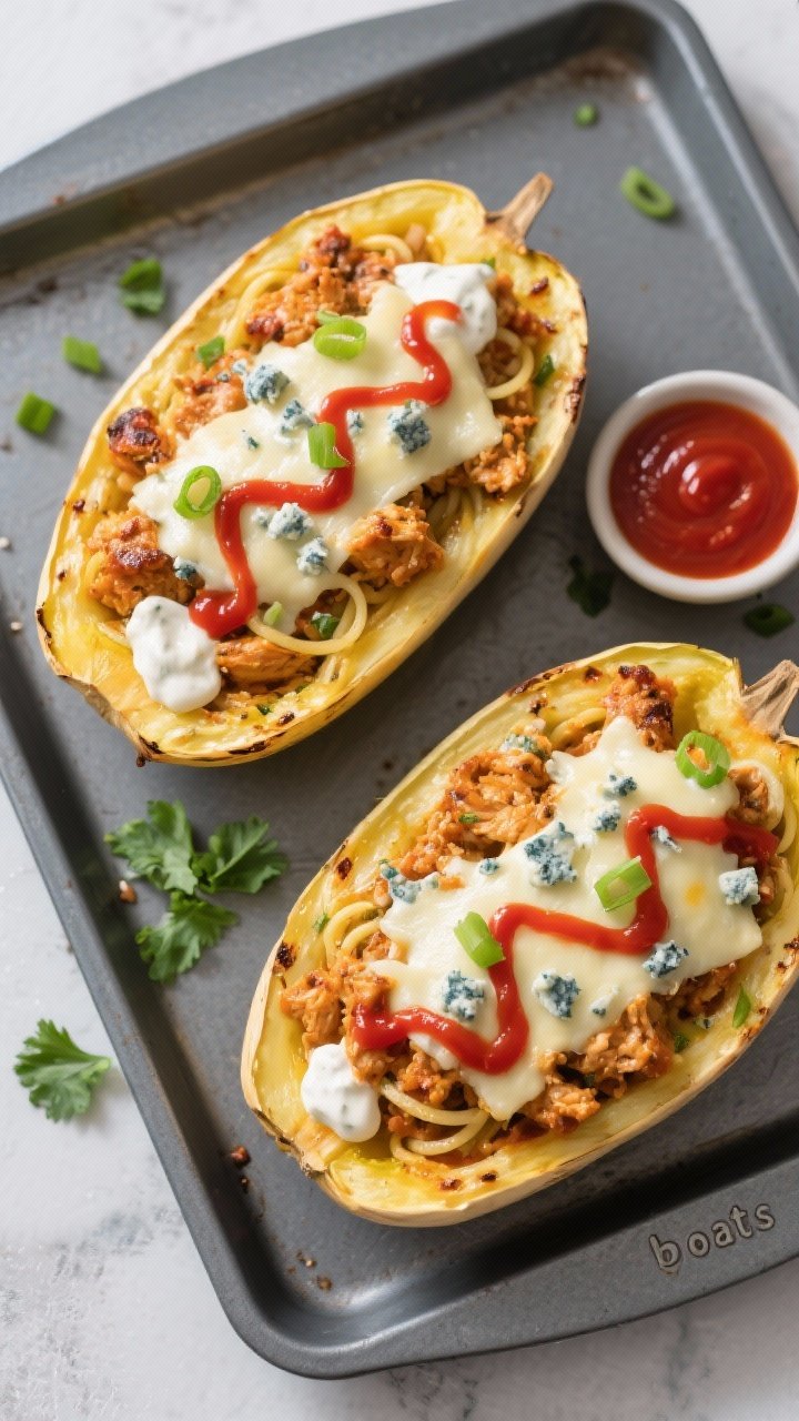 Tasty top view: Overhead shot of spaghetti squash “boats” filled with the combined Buffalo chick