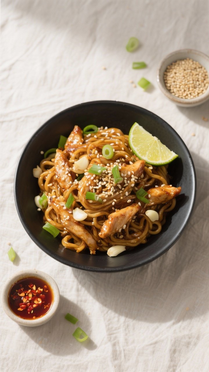 Tasty top view: Overhead shot of Sticky Garlic Chicken Noodles piled in a wide, matte black bowl; no