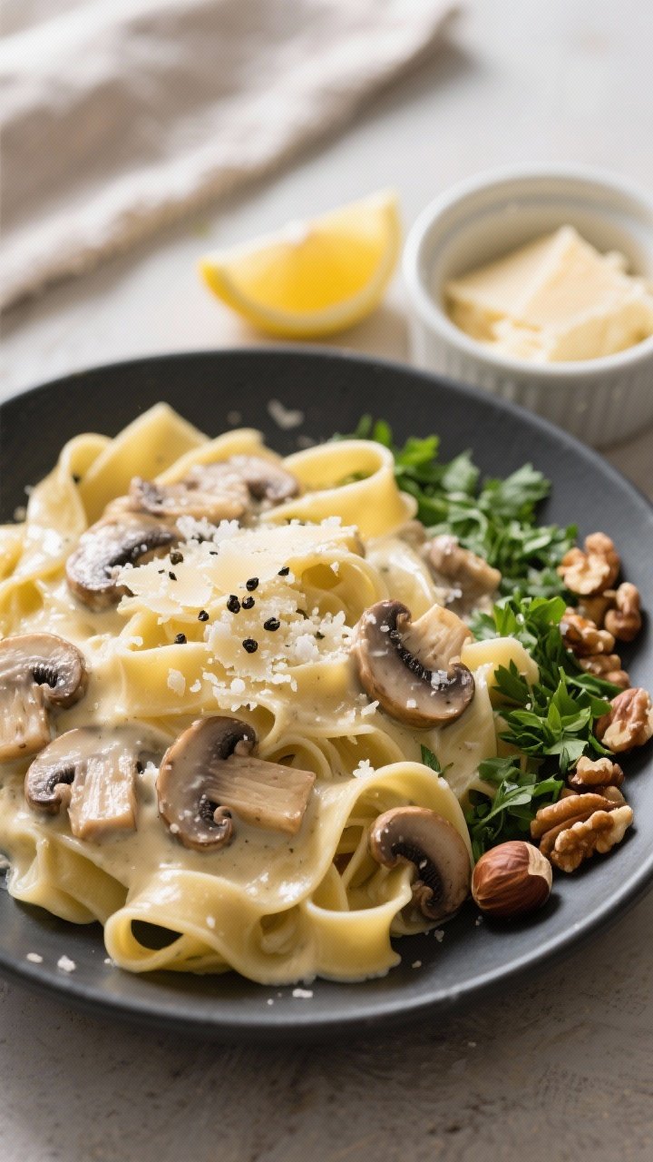 Tasty top-view: Overhead shot of tagliatelle coated in velvety cream-Parmesan sauce in a shallow cha