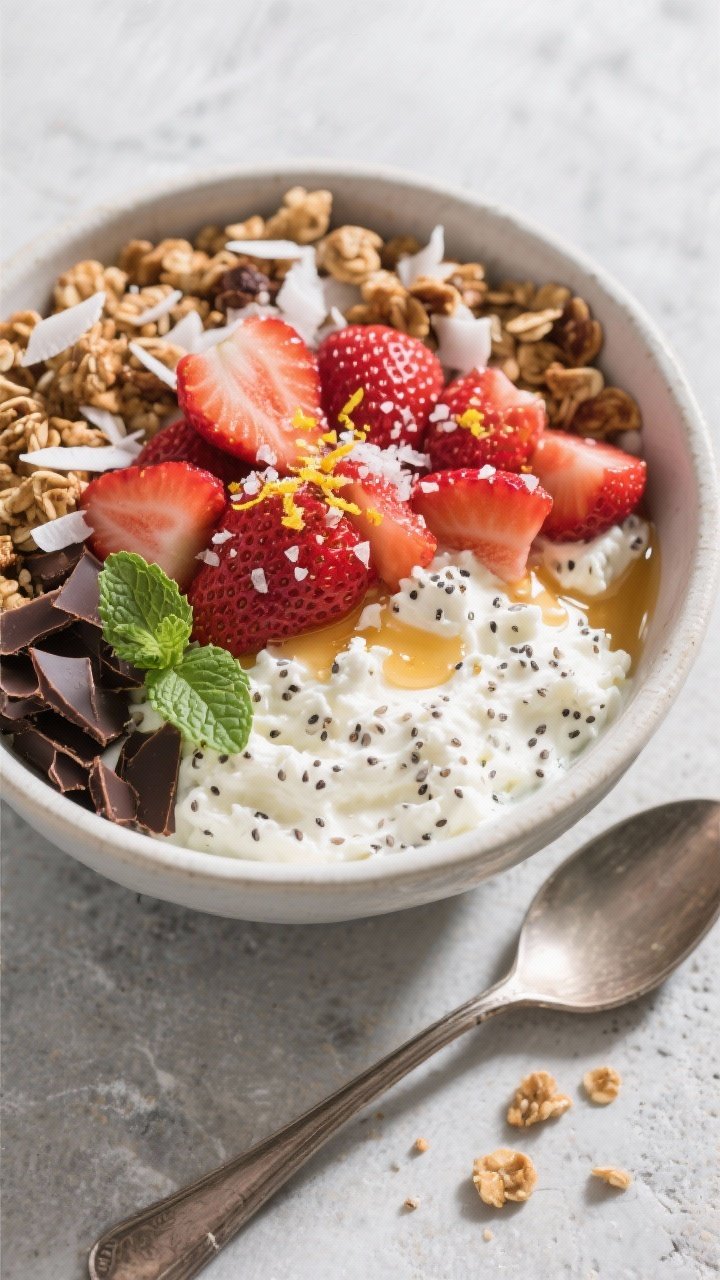 Tasty top view: Overhead shot of the assembled Healthy Strawberry Cottage Cheese Bowl showing layere