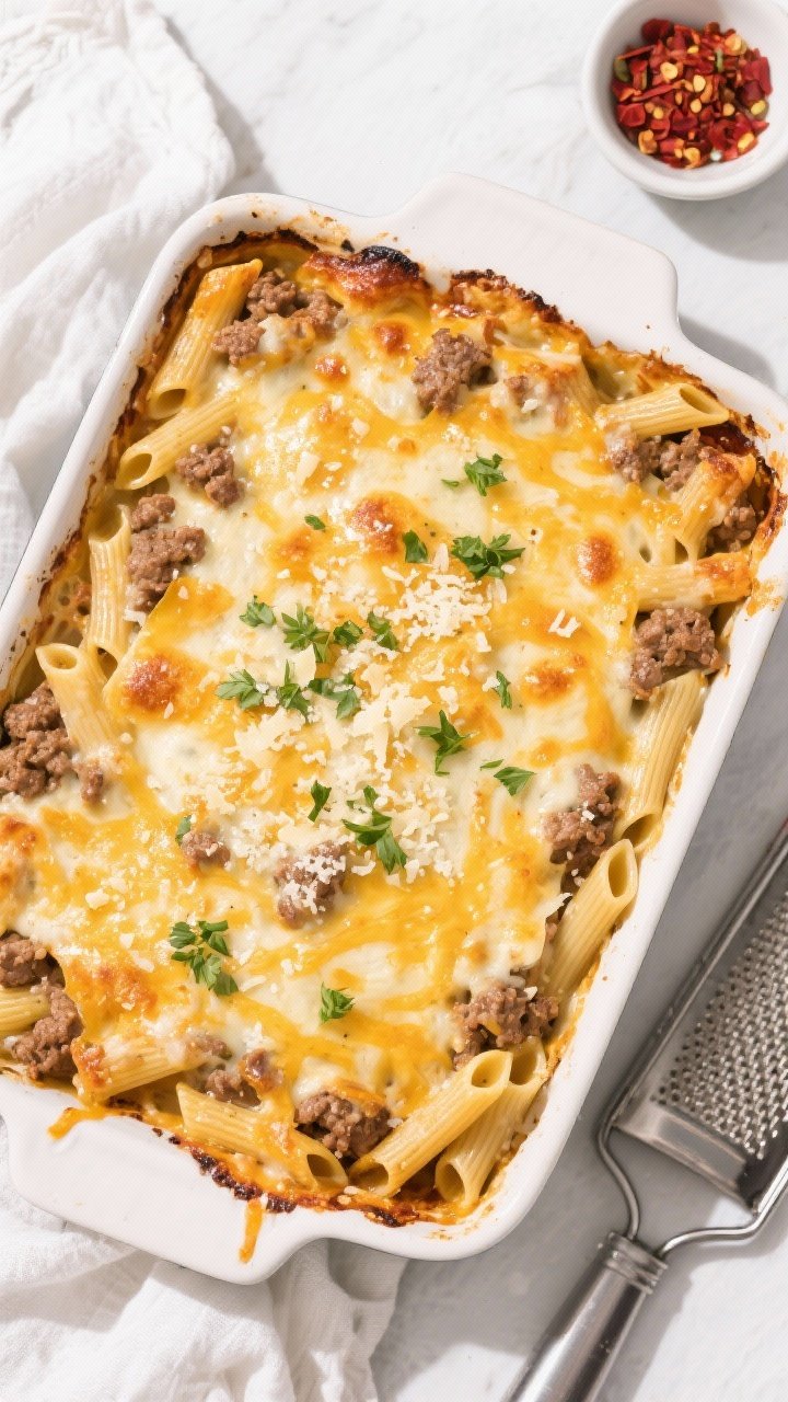 Tasty top view: Overhead shot of the baked Ground Beef Alfredo Pasta Casserole in a 9x13 dish right 