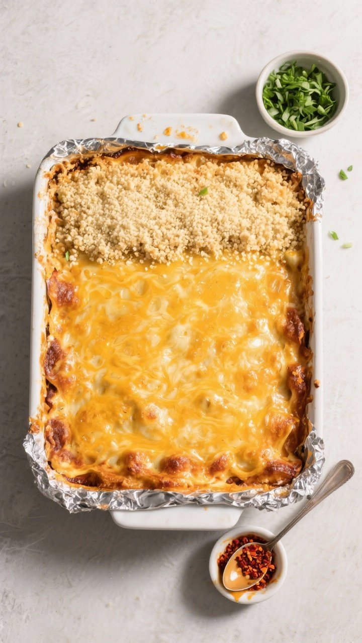 Tasty top view: Overhead shot of the casserole in a 9x13 baking dish right after foil removal and fi
