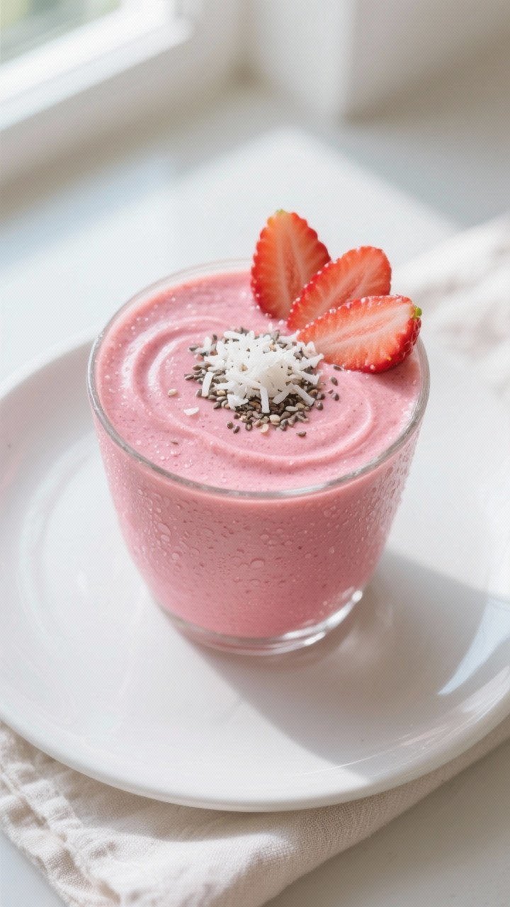 Tasty top view: Overhead shot of the final Healthy Strawberry Coconut Smoothie served in a wide glas