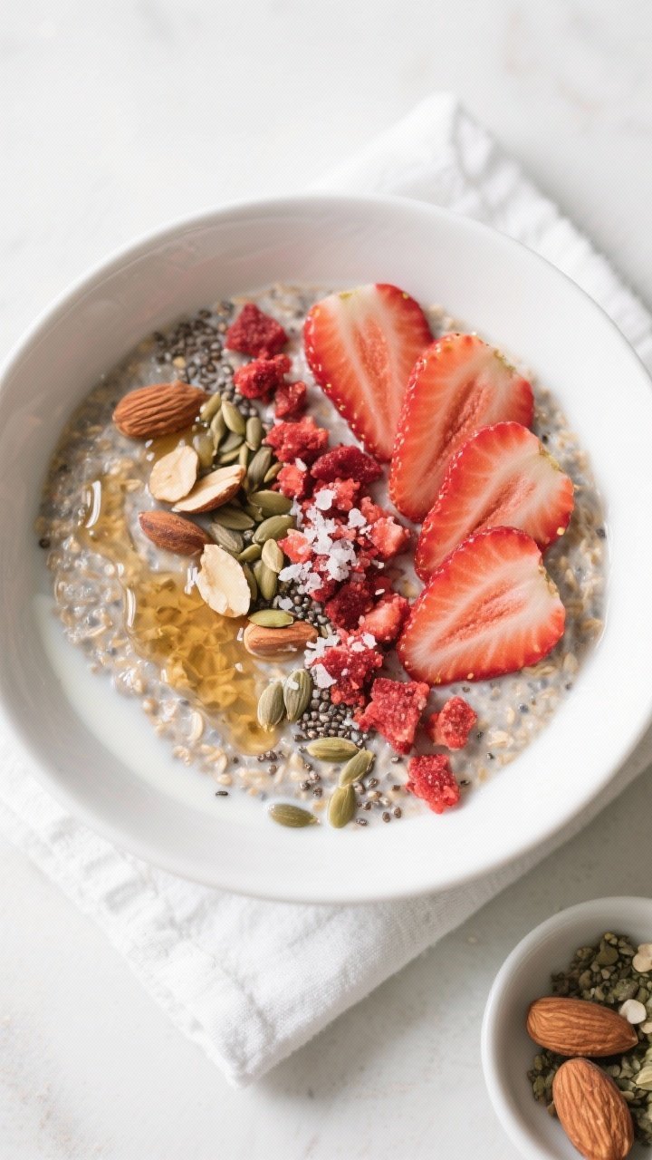 Tasty top view: Overhead shot of the final plated Healthy Strawberry Overnight Chia Oats in a wide w