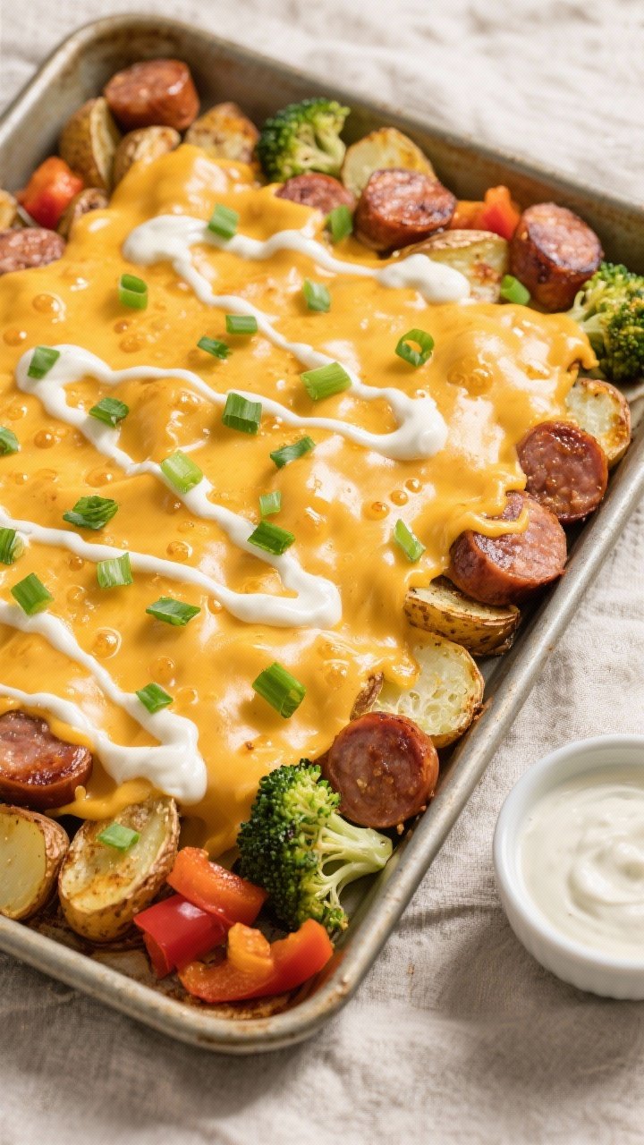 Tasty top view: Overhead shot of the finished Cheesy Ranch Potatoes and Smoked Sausage on a sheet pa