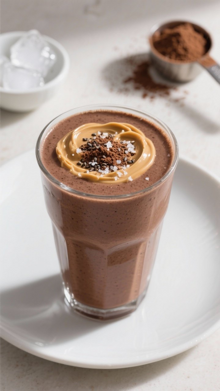 Tasty top view: Overhead shot of the finished Chocolate Peanut Butter Protein Powder Smoothie in a w