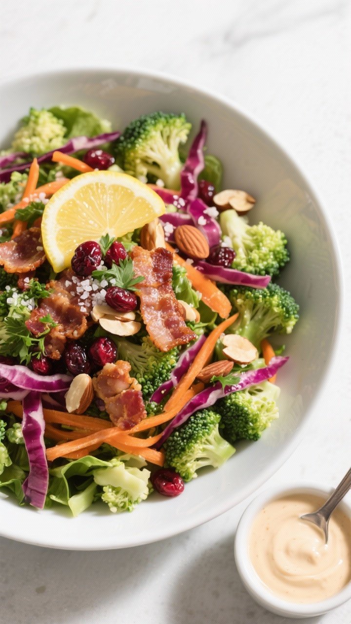 Tasty top view: Overhead shot of the finished Healthy Broccoli Bacon Salad in a wide, matte-white se
