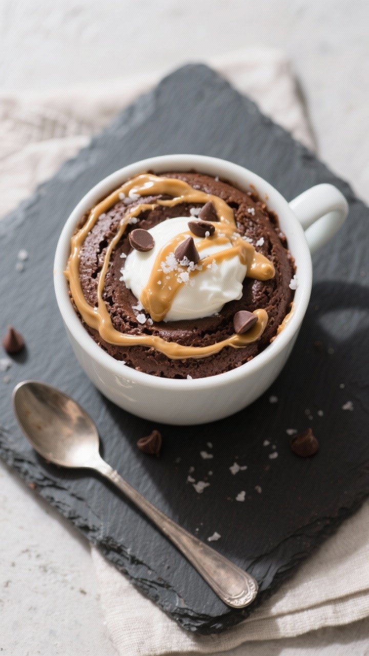 Tasty top view: Overhead shot of the finished mug cake topped with a cool dollop of Greek yogurt, a 