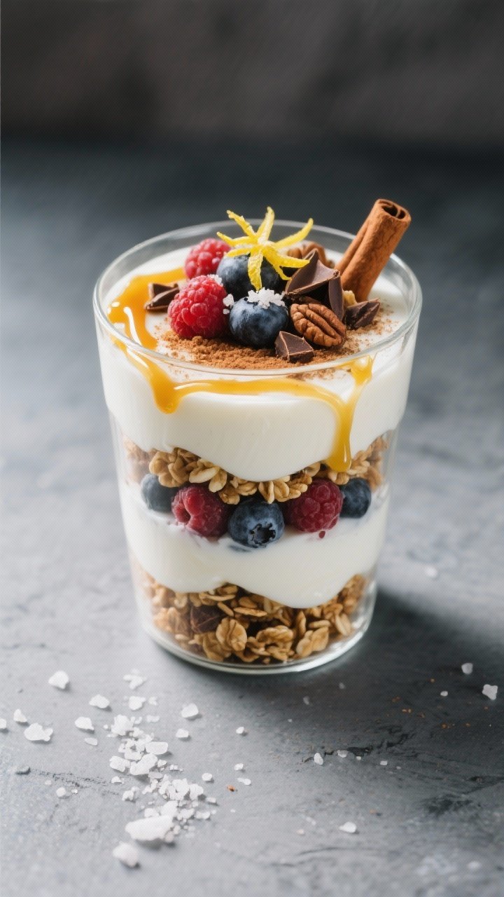 Tasty top view: Overhead shot of the finished parfait in a clear tumbler on a matte slate surface—