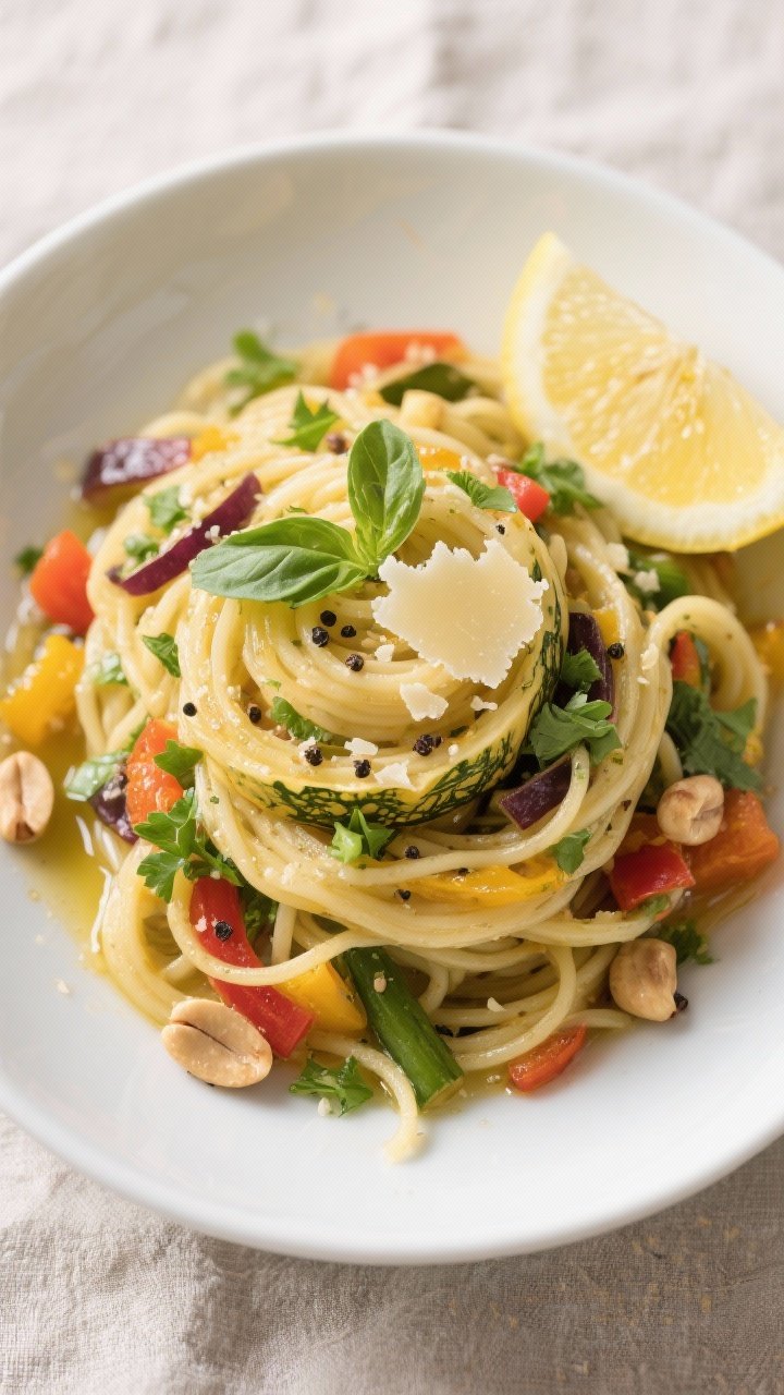 Tasty top view: Overhead shot of the finished Spaghetti Squash Primavera twirled into mounds in a lo