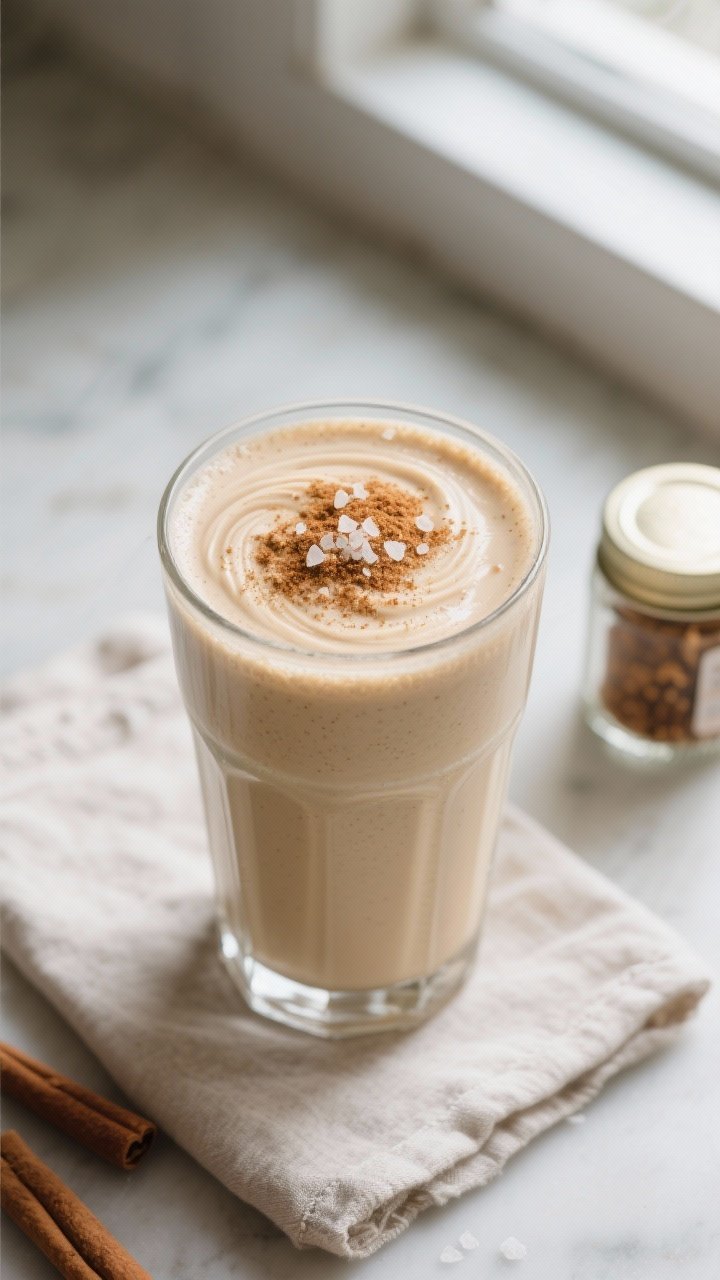 Tasty top view — Overhead shot of the finished Vanilla Chai Protein Powder Smoothie poured into a 
