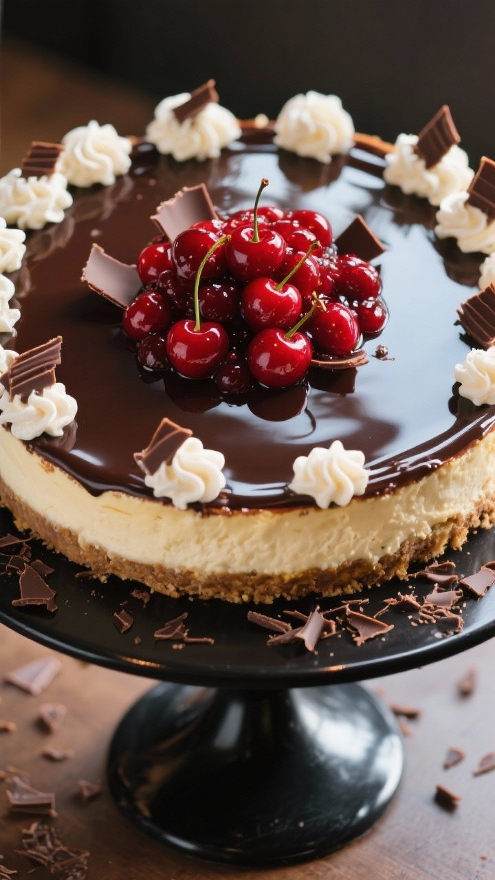 Tasty top view: Overhead shot of the fully set cheesecake just finished with a thin, mirror-like dar