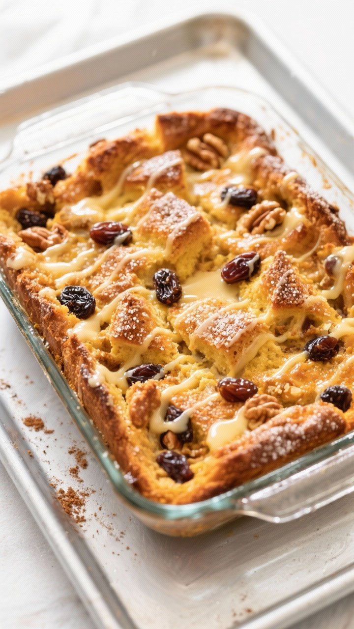 Tasty top view: Overhead shot of the pumpkin bread pudding just out of the oven, butter-drizzled top