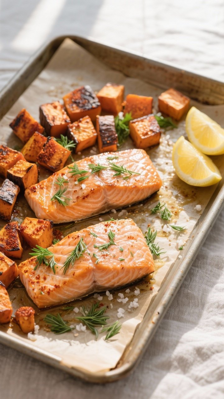 Tasty top view: Overhead shot of the sheet pan finish—roasted sweet potato cubes with charred, car