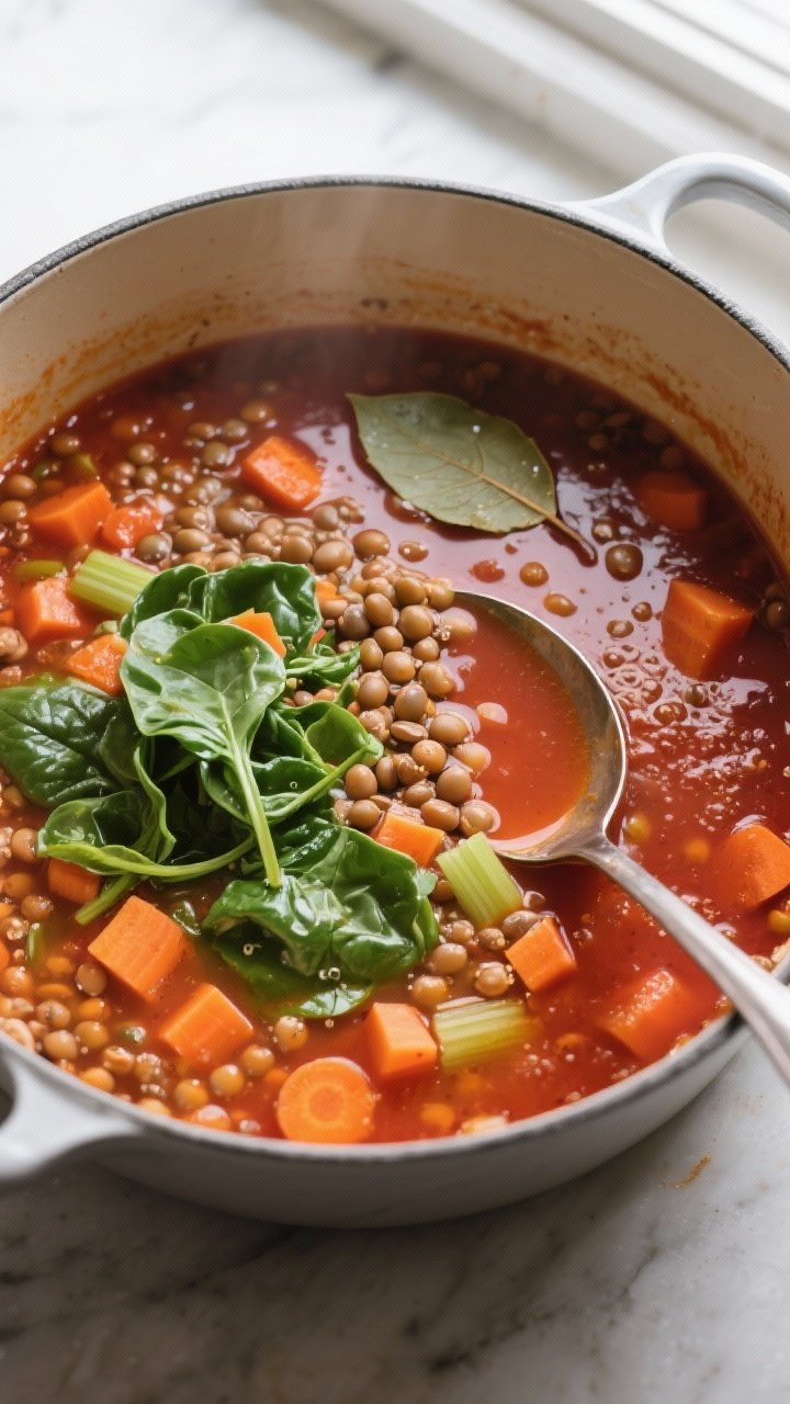 Tasty top view: Overhead shot of the simmering vegetable lentil soup mid-cook, lentils plumped and s