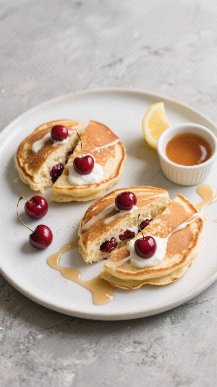 Tasty top view: Overhead shot of two plated pancakes split open to show tender, airy interior with e