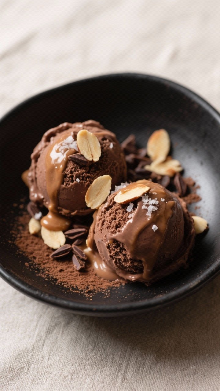 Tasty top view: Overhead shot of two scoops of Chocolate Almond Protein Powder Ice Cream in a matte