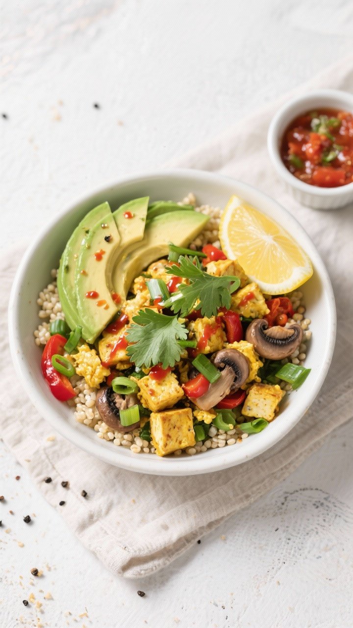 Tasty top view: Overhead shot of Veggie Tofu Scramble Bowls built over fluffy quinoa, topped with fa