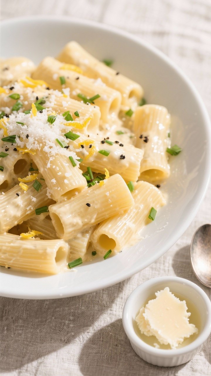 Tasty top view, overhead shot: Overhead of rigatoni tossed in glossy, creamy four-cheese sauce in a 
