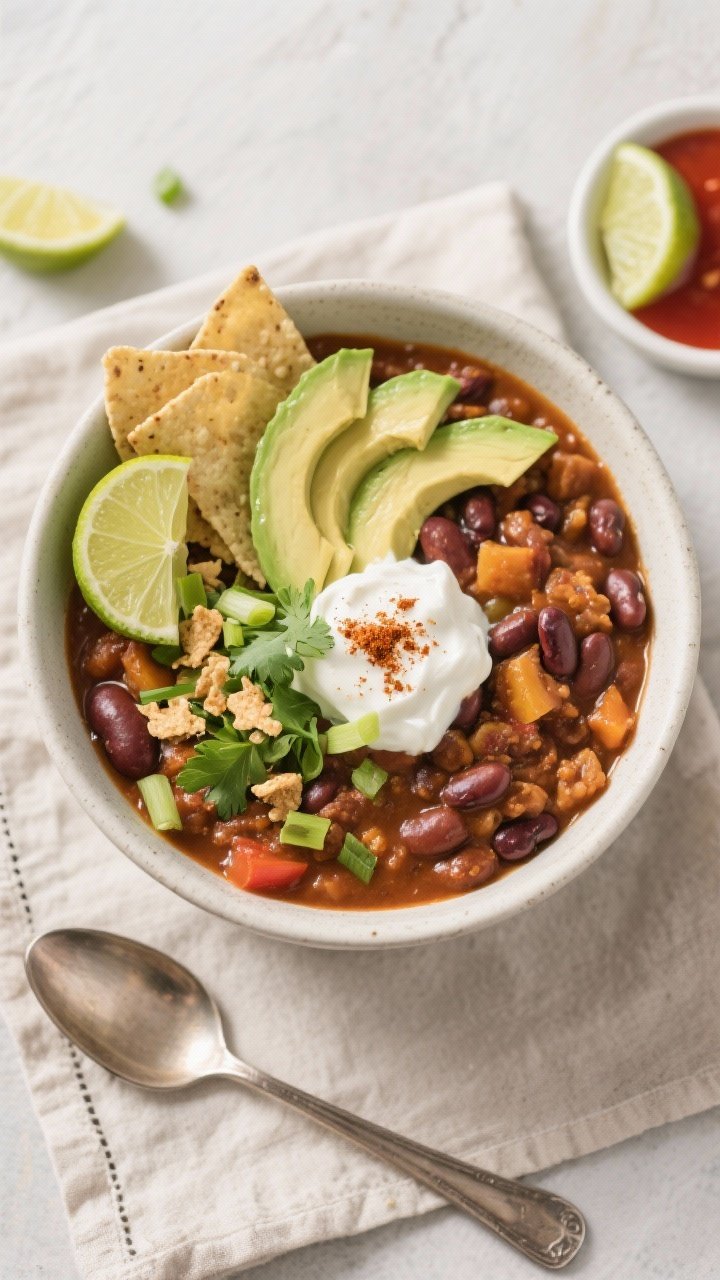 Tasty top view, overhead shot: Overhead shot of a deep bowl of finished 3-bean chili, thick and hear