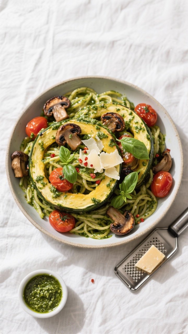 Tasty top view, overhead shot: Overhead shot of a large shallow bowl filled with pesto-coated spaghe