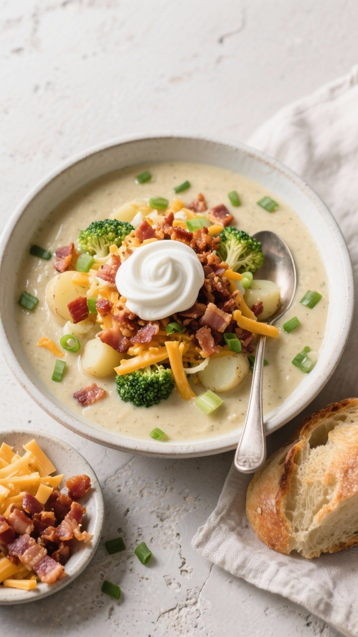 Tasty top view, plated presentation: Overhead shot of a generously topped bowl of Loaded Broccoli Po