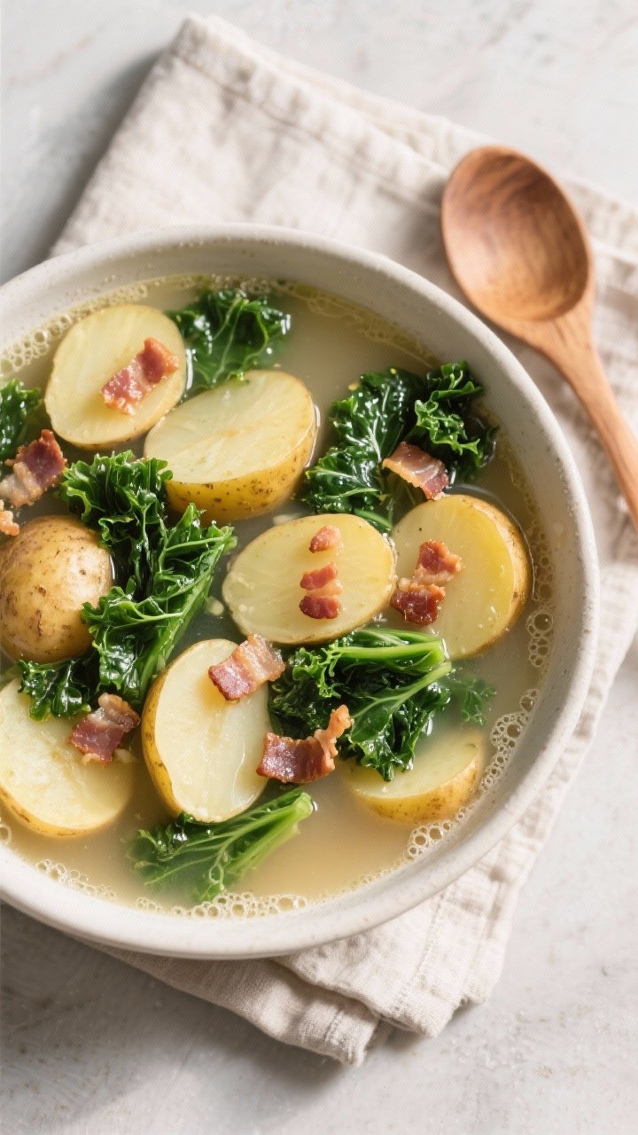 Tasty top view — Potatoes and kale moment: Overhead shot of the soup mid-simmer with thinly sliced