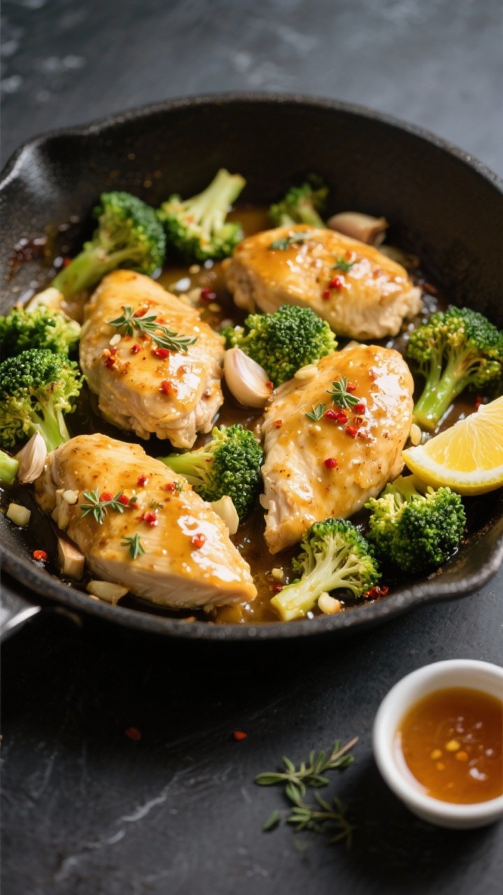 Tasty top view process shot: Overhead shot of the skillet just after combining—golden chicken and 