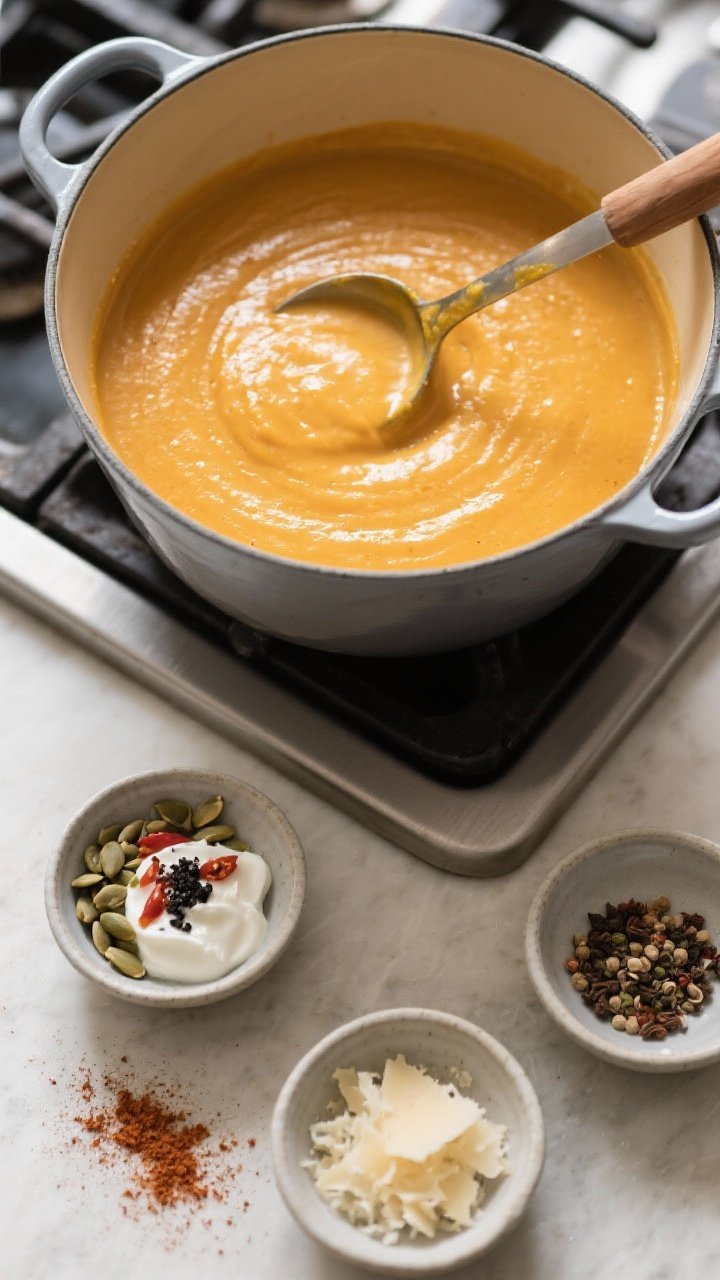 Tasty top view, serving moment: Overhead shot of a Dutch oven of blended butternut squash soup on th