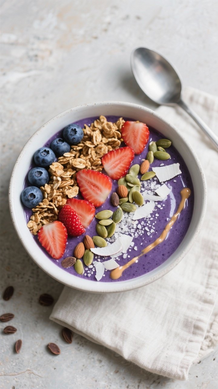 Tasty top view — strategic toppings layout: Overhead shot of a finished blueberry smoothie bowl in